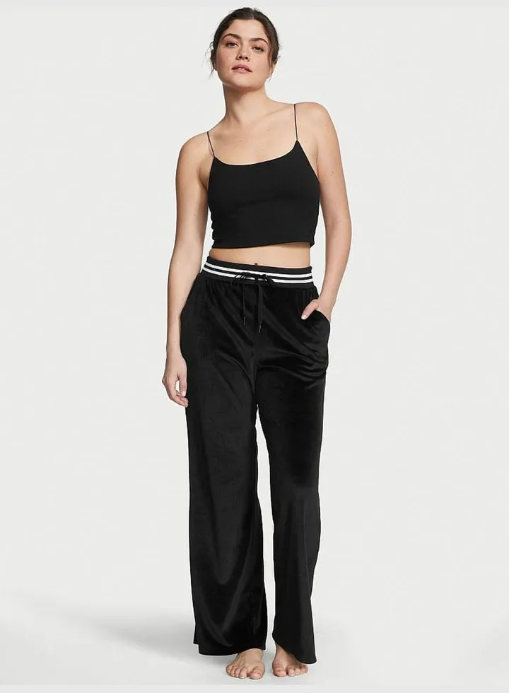 Velour Ribbed High-Rise Wide Leg Pants