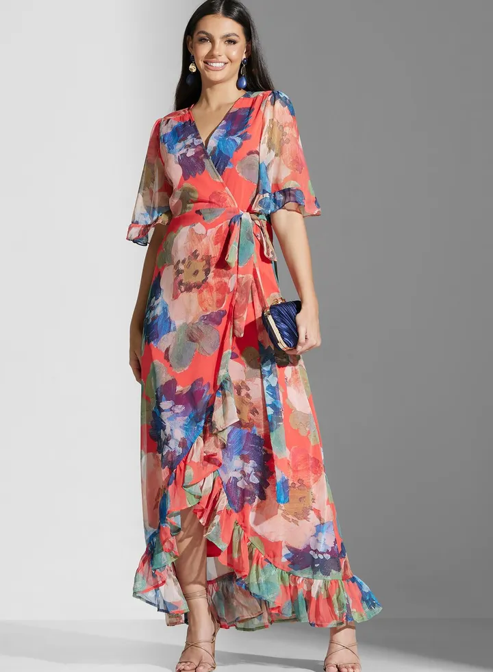 Floral Ruffle Hem Wrap Dress