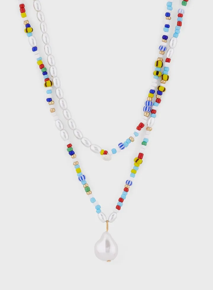 Layered Beaded Pearl Pendant Necklace