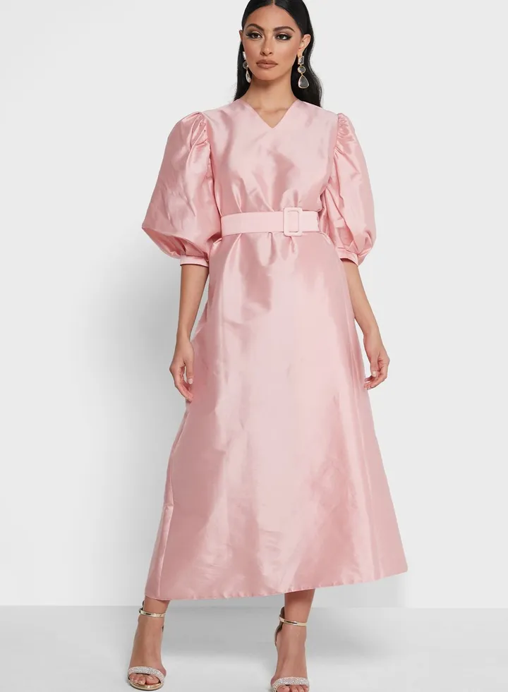 Puff Sleeve Belted Taffeta Dress