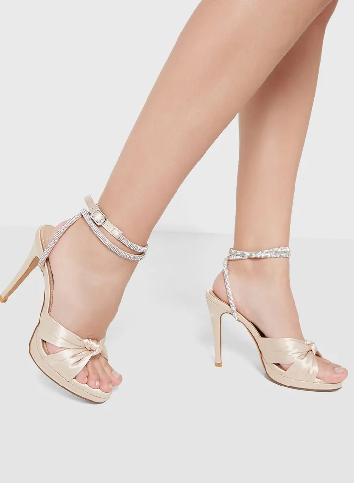 Sabrina Knotted Satin Platform Diamante Strap Sandal