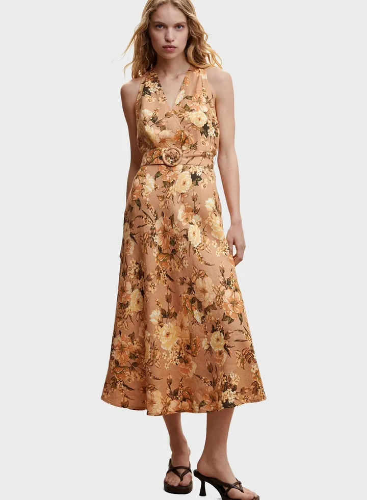 Belted Floral Print Dress