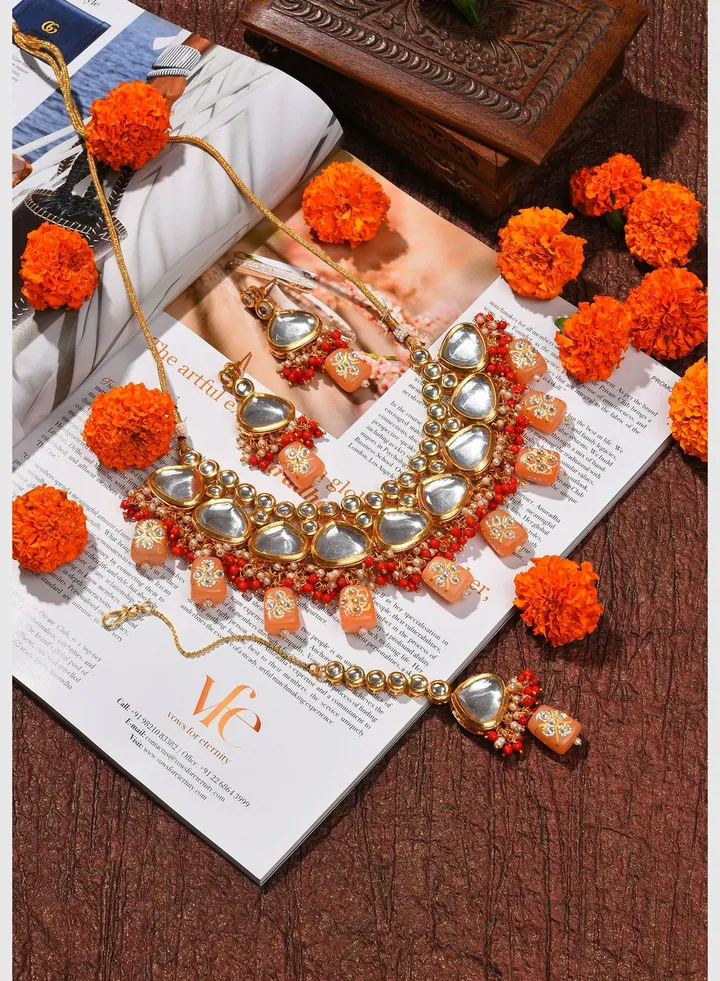Gold Plated Kundan Beaded Necklace, Earrings and Maang Tikka Set