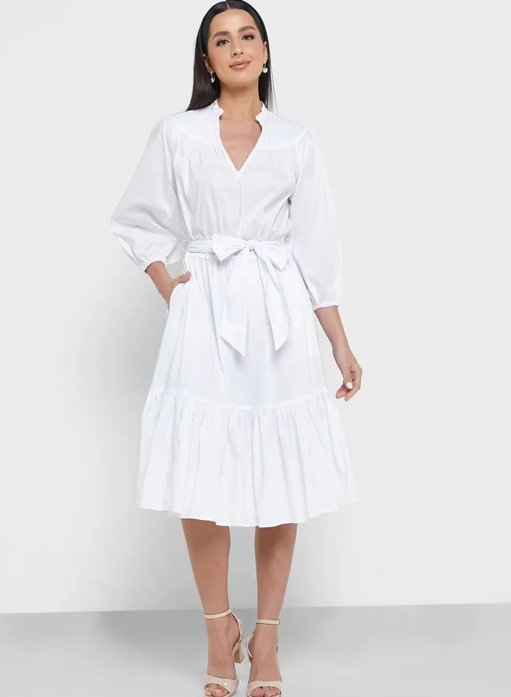 Puff Sleeve Ruffle Hem Dress