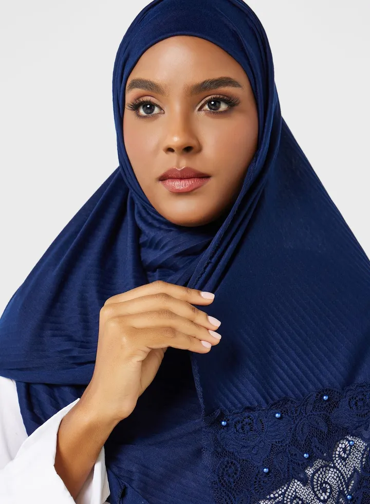 Pearl Lace Detail Pleated Long Hijab Scarf