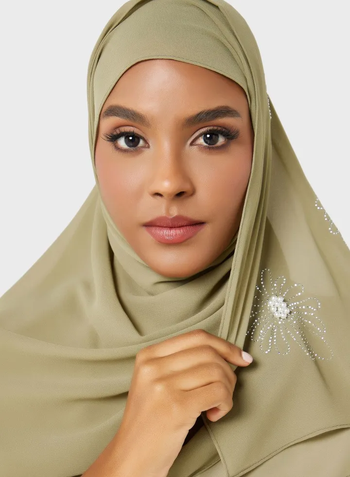 Pearl Floral Embellished Long Hijab Scarf
