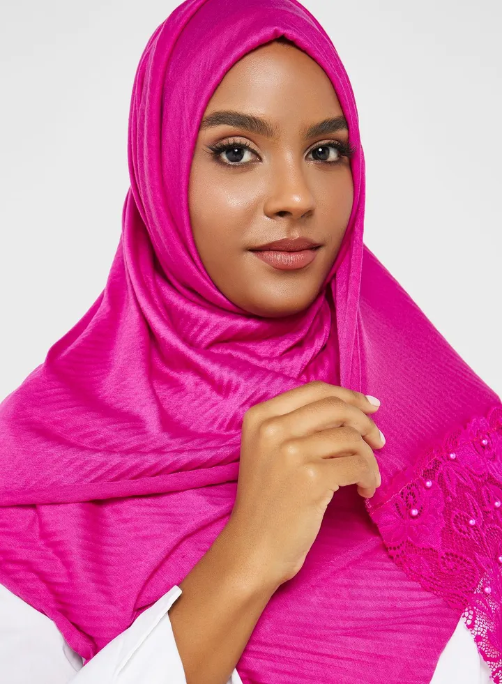 Pearl Lace Detail Pleated Long Hijab Scarf