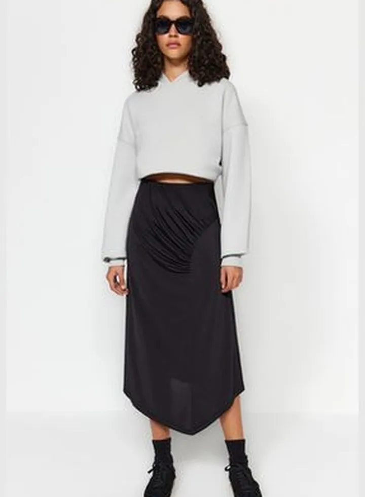 Black Draped Detailed Midi Elastic Knitted Skirt TWOAW24ET00213