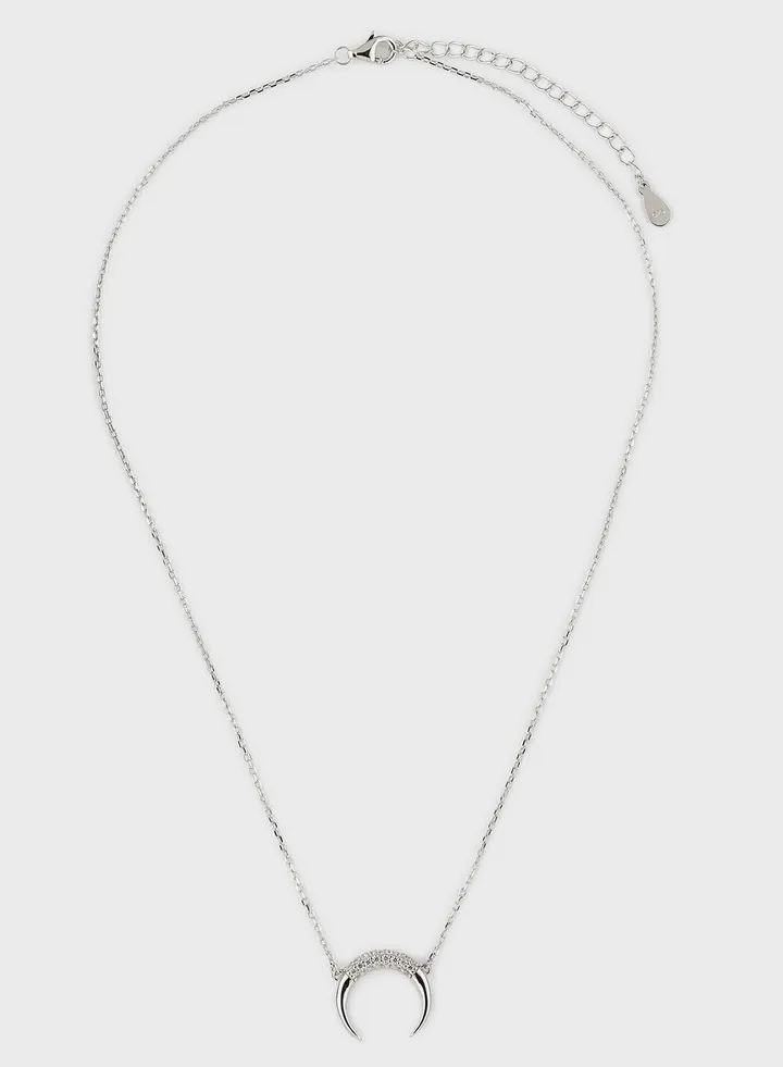 Cubic Zirconia Decor Moon Charm Silver Necklace