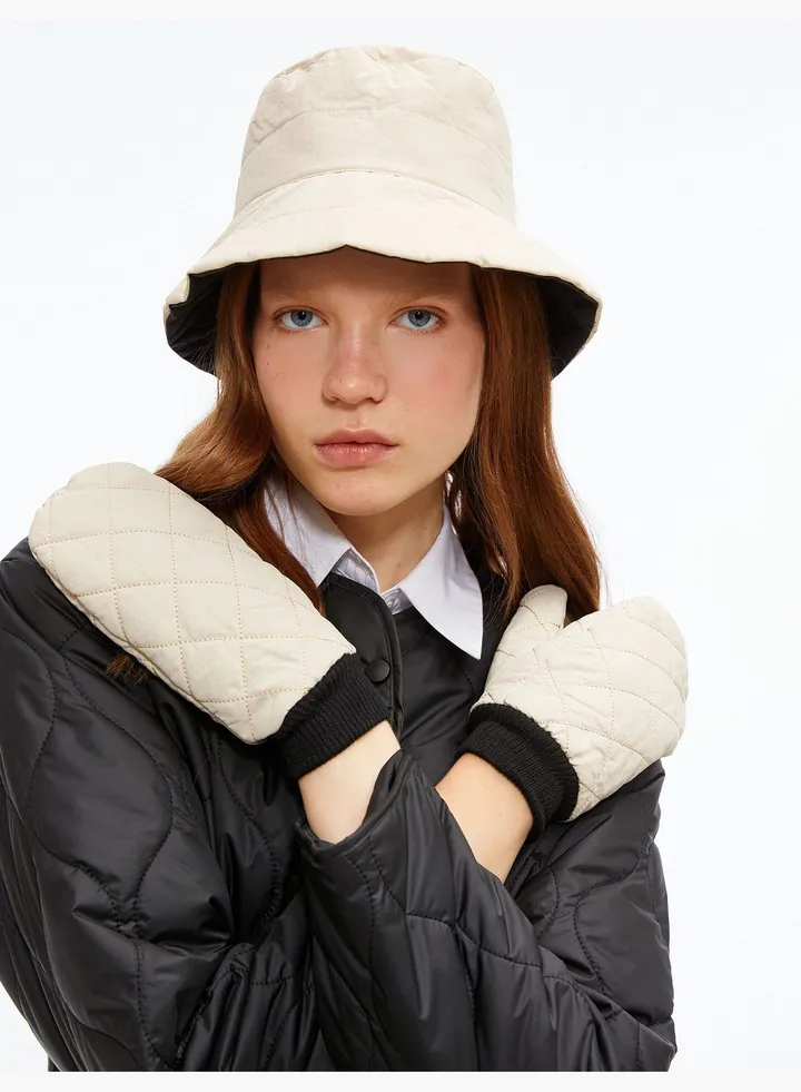 Puffer Quilted Ribbed Gloves Faux Fur Lined