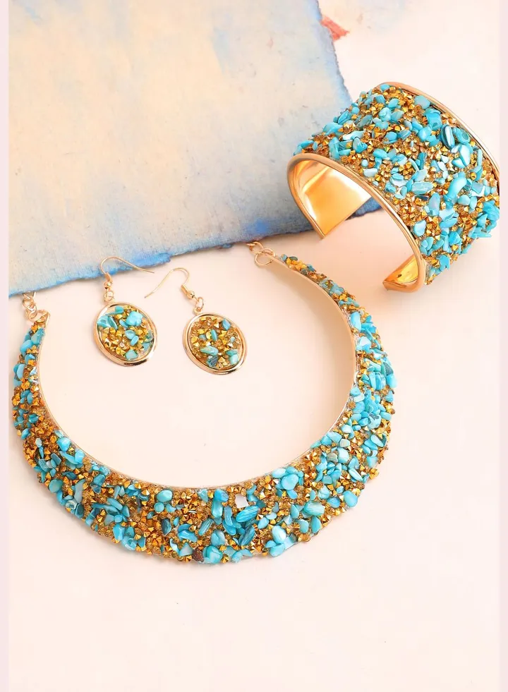 Gold Plated Party Designer Stone Necklace and Earring Set For Women