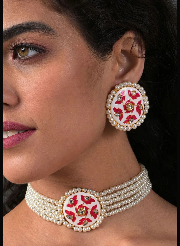 Gold Plated Designer Stone Pearl Necklace and Earrings Set