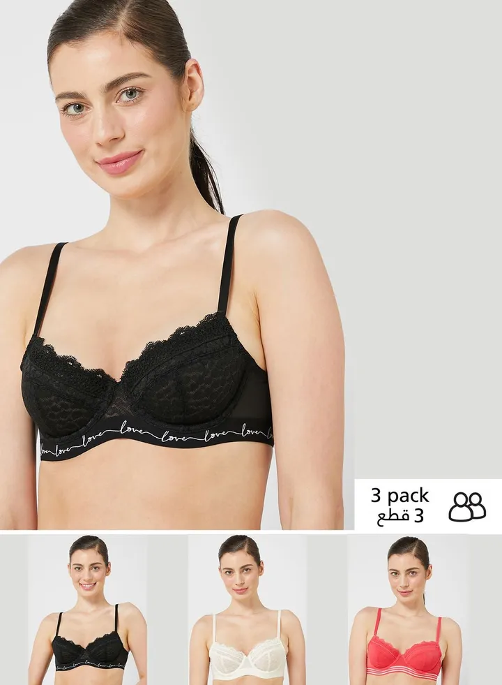 3 Pack Lace & Mesh Wired Balcony Bra