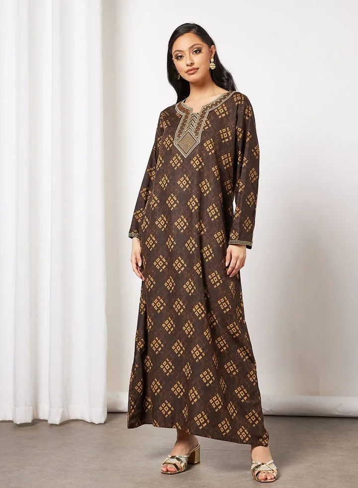 All-Over Printed Long Sleeve Cotton Jalabiya