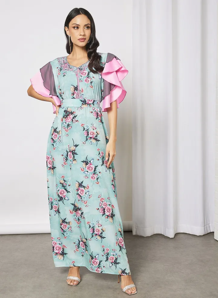 Floral Jalabiya Short Sleeves With Belt