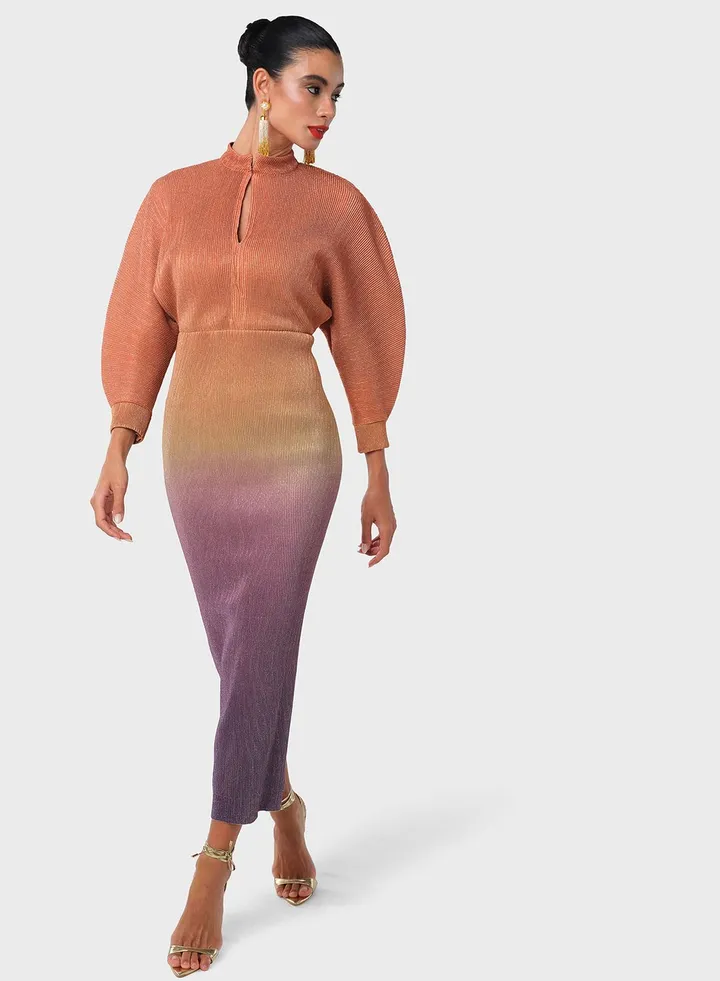 Keyhole Neck Ombre Pleated Dress