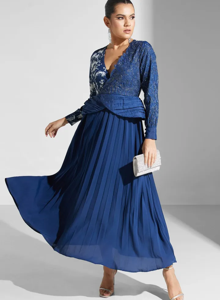 Surplice Neck Plisse Dress