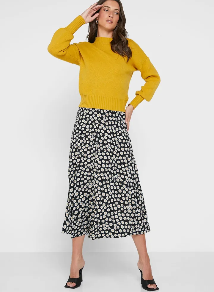Split Hem Printed High Waist Skirt