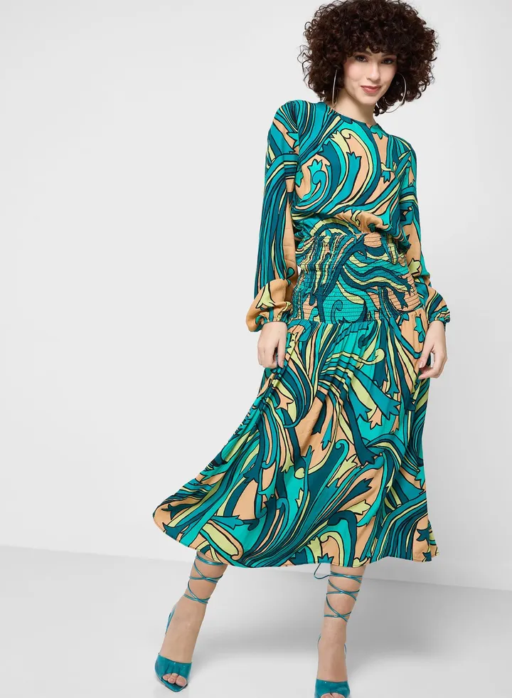Balloon Sleeves Printed Shirred Dress