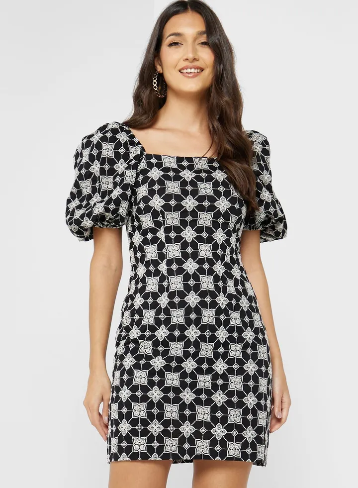 Puff Sleeve Printed Dress