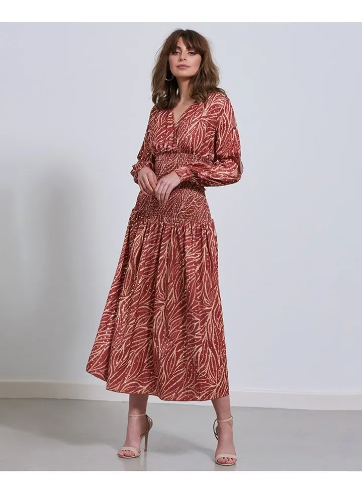 Little Mistress Gold Leaf Midaxi With Shirred Waist