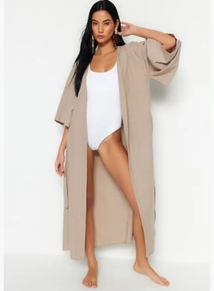 Beige Belted Maxi Woven Kimono & Kaftan TBESS23KM00058