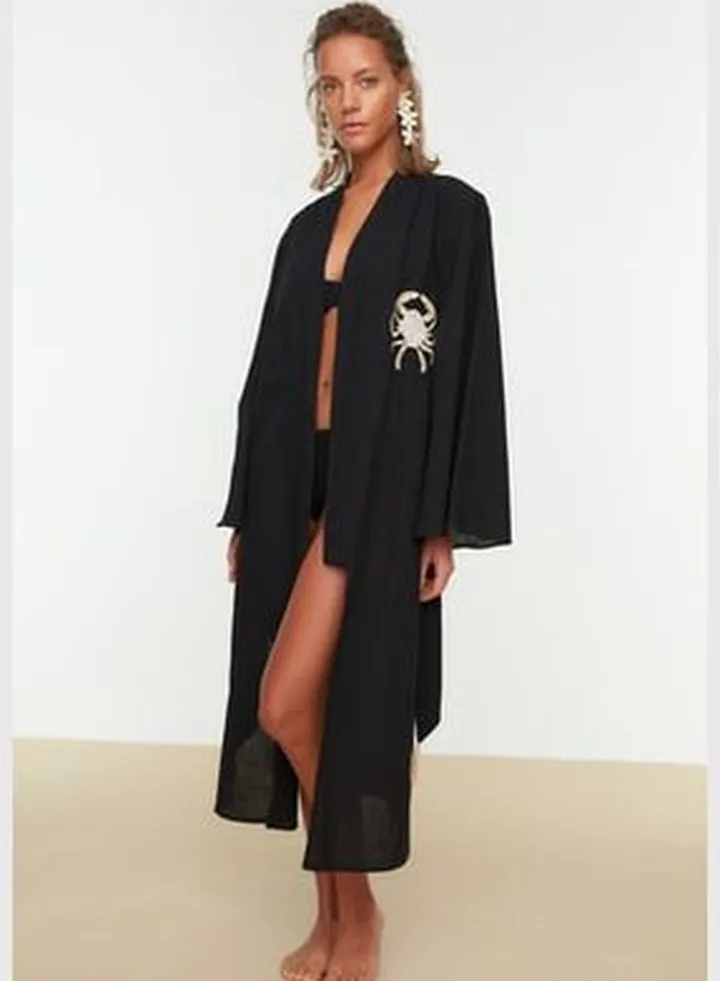 Midi Woven 100% Cotton Kimono & Kaftan with Black Belt TBESS22KM0039