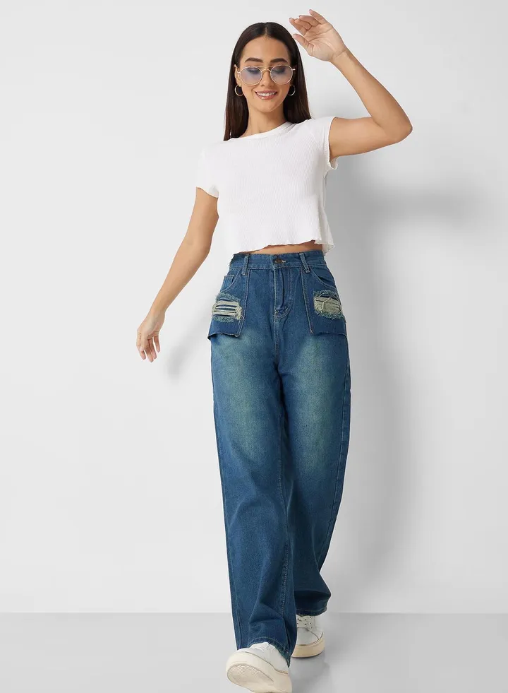 Ripped Pocket Detail High Waist Jeans