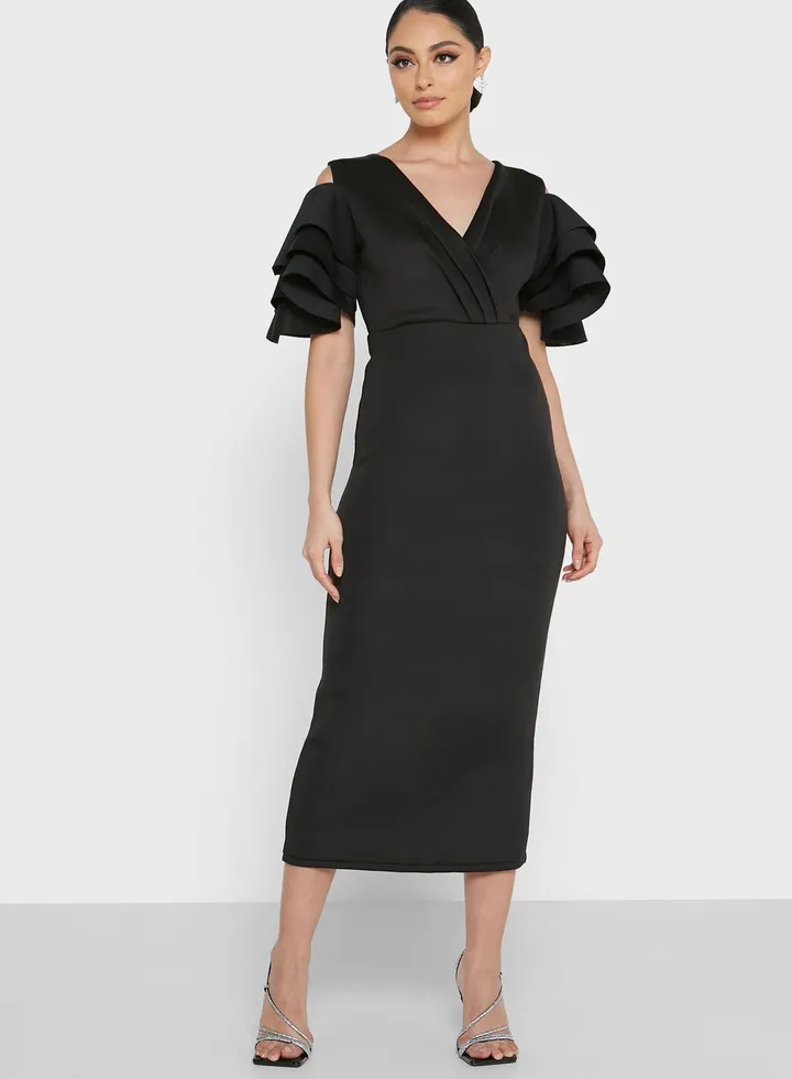 Cold Shoulder Frill Sleeve Dress