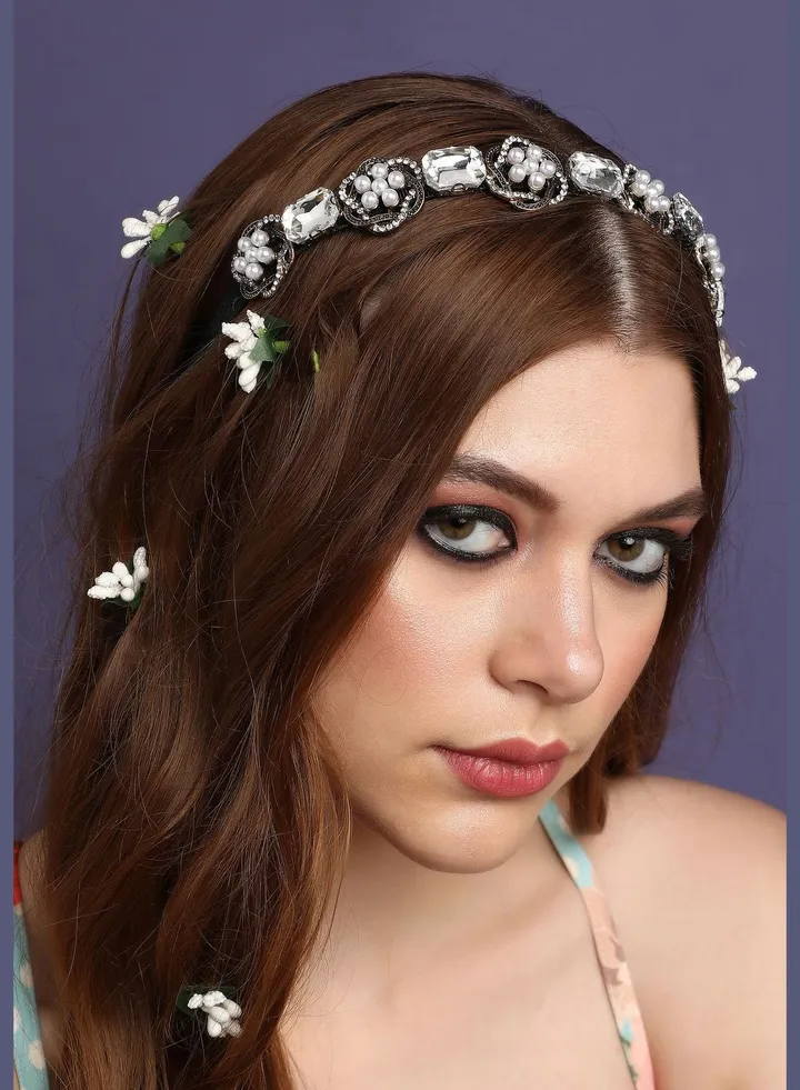 Trendy Western Wear Fabric and Metal Hair Band with Pearls For Women
