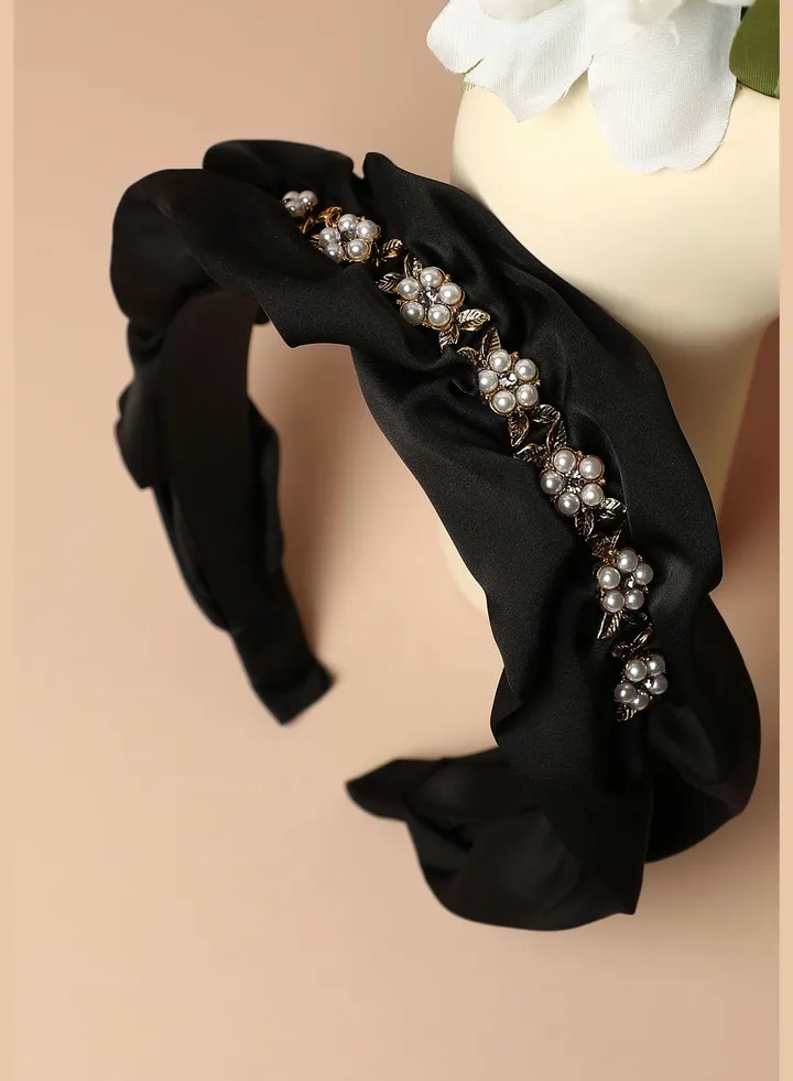 Trendy Western Wear Fabric and Metal Hair Band with Pearls For Women