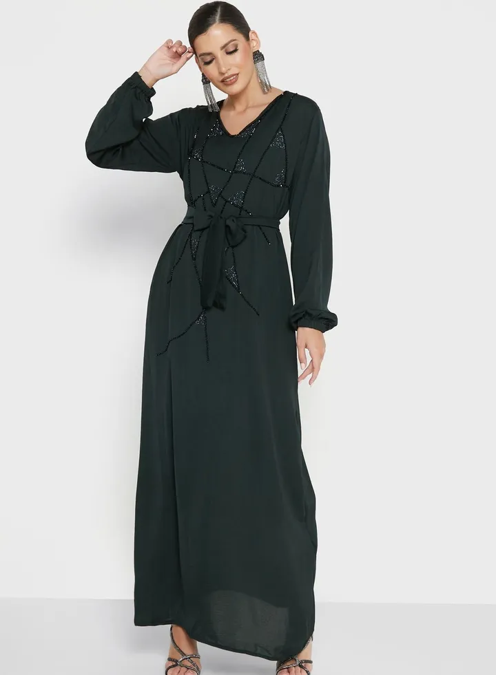 V-Neck Embellished Jalabiya