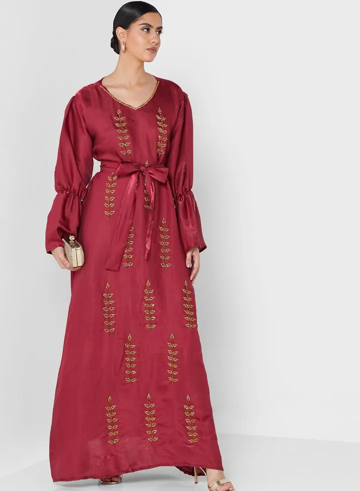 Embellished Belted Flute Sleeve Jalabiya