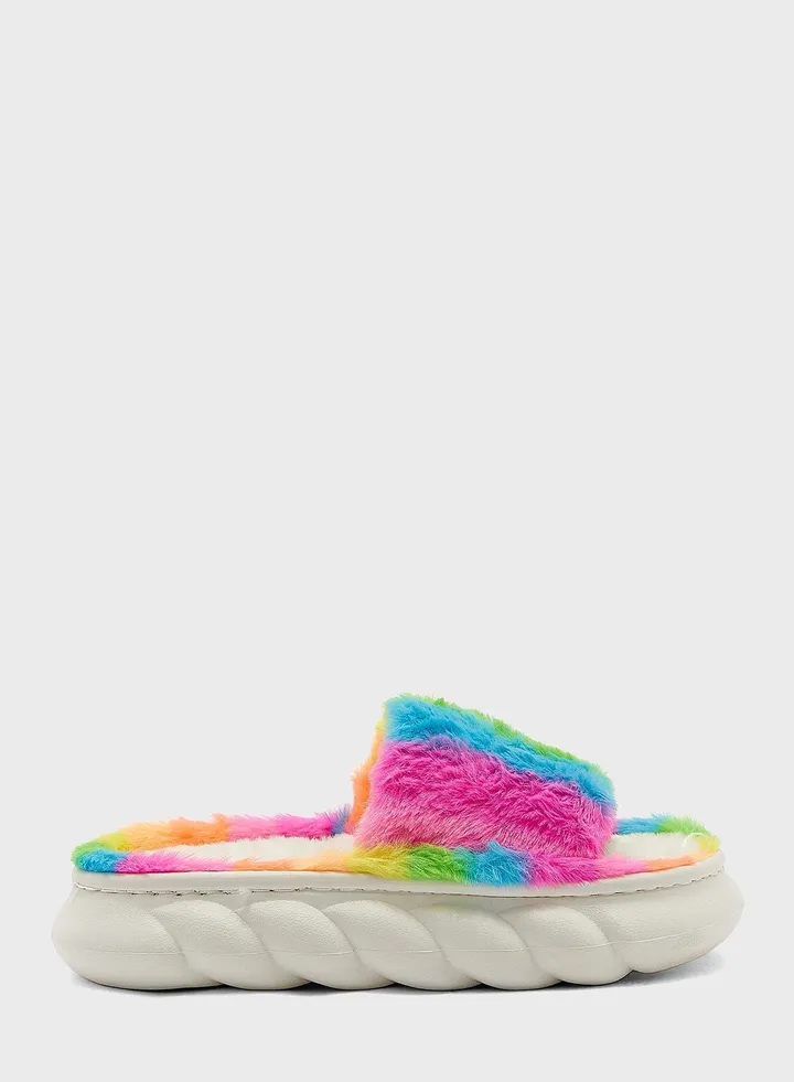 Neon Stripe Furry Bedroom Slippers