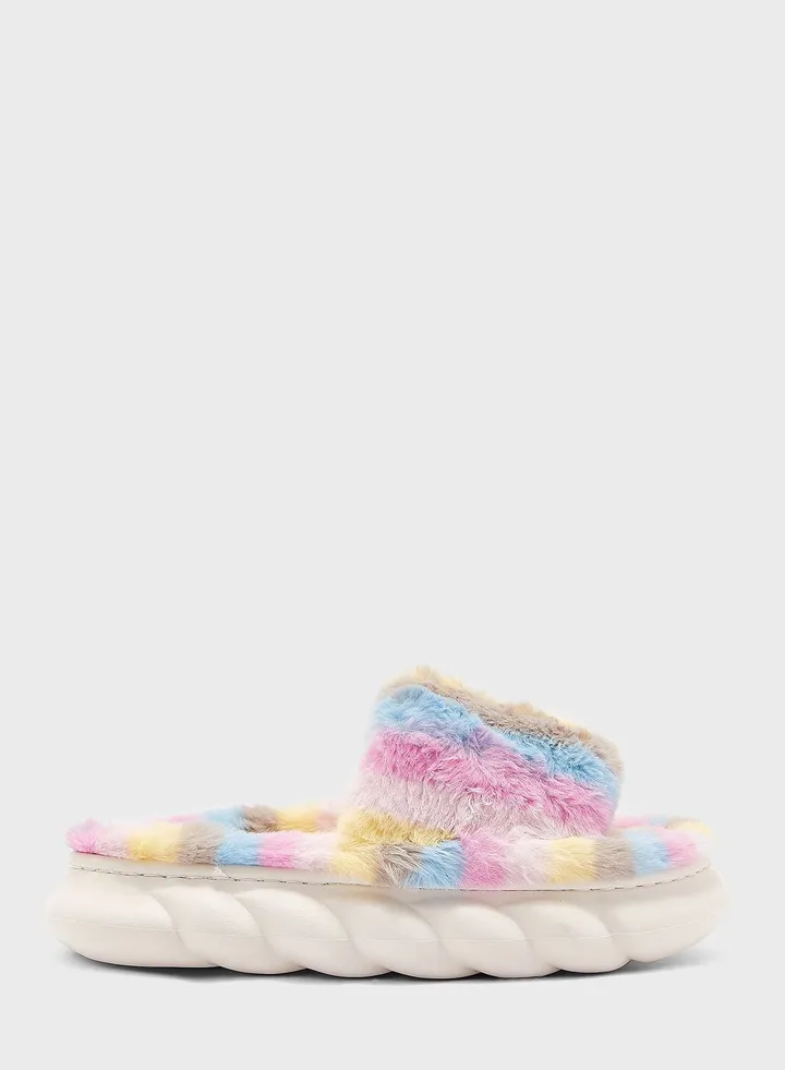 Pastel Stripe Furry Bedroom Slippers
