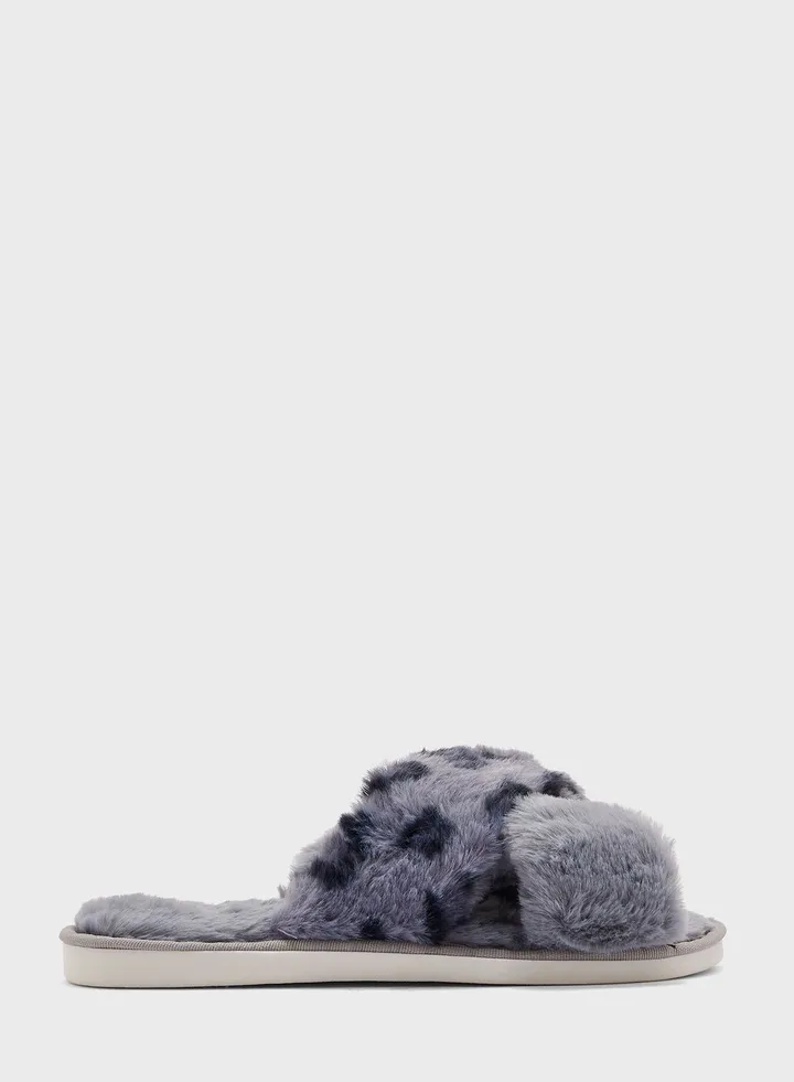 Animal Print Crossover Fluffy Bedroom Slipper