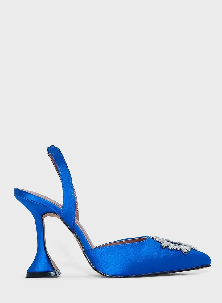 Mirror Brooch Satin Slingback Pointed Pump