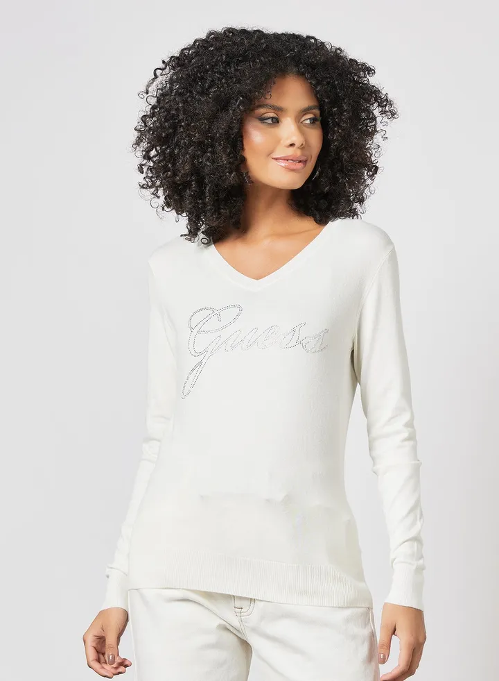 Rhinestone Logo Sweater White