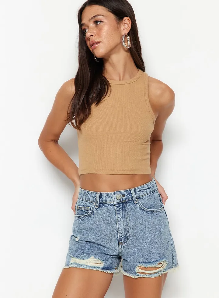 Ripped High Waist Denim Shorts