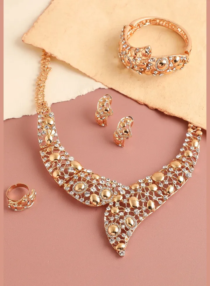 Gold Plated Designer Stone Necklace, Earring, Ring and Bracelet Set