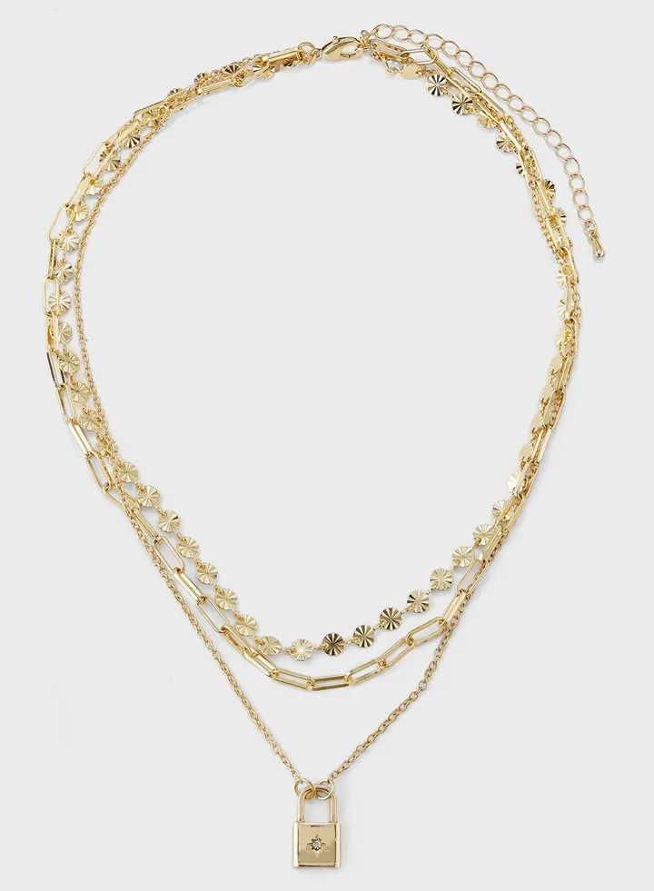Lock Pendant Layered Necklace