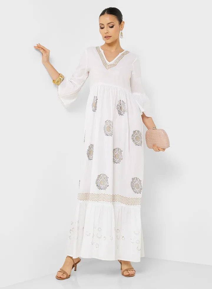 Printed V-Neck Jalabiya