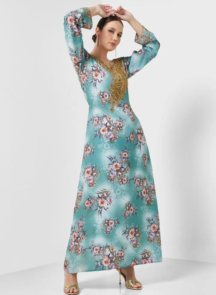 Embellished V- Neck Jalabiya