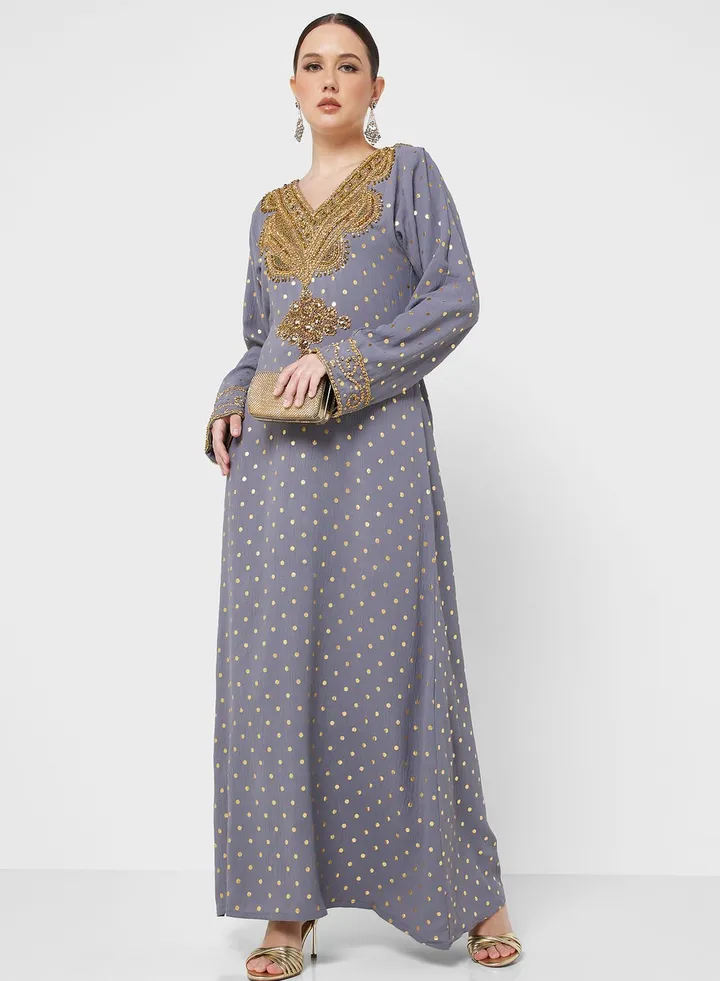 Embellished V- Neck Jalabiya