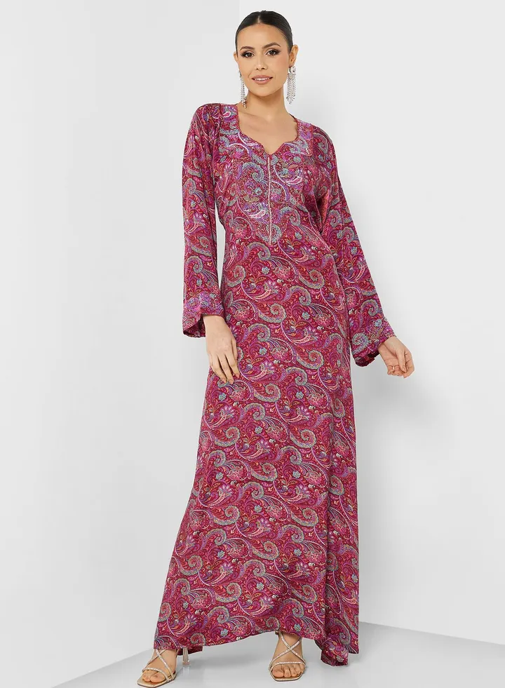 Printed V-Neck Jalabiya