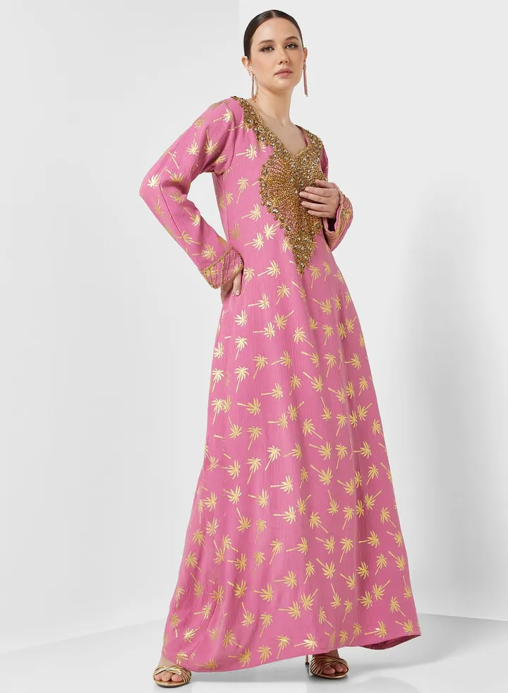 Embellished V- Neck Jalabiya