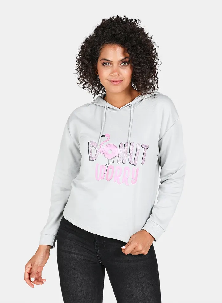 Donut Worry Printed Hooded Neck Long Sleeve Hoodie Grey