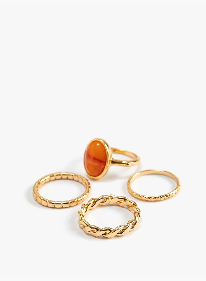 Ring Set 4 Pack Metal Stone Detail