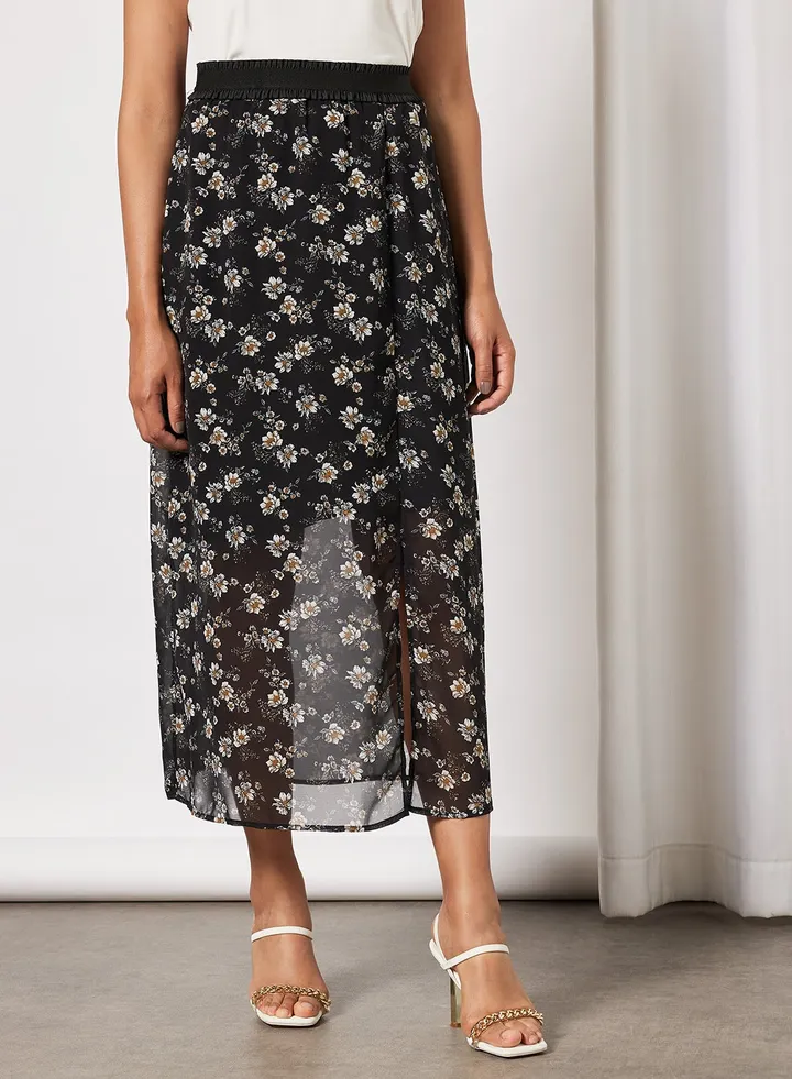 Floral Print Midi Skirt Black