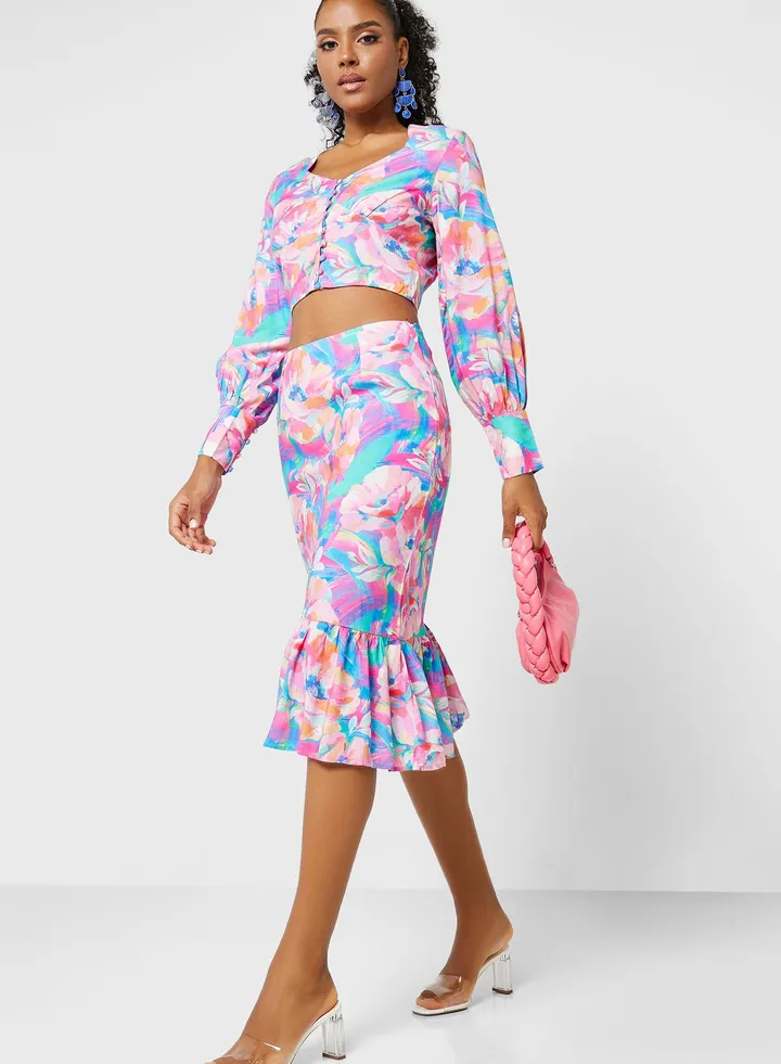 Puff Sleeves Crop Top & Frilled Skirt Set